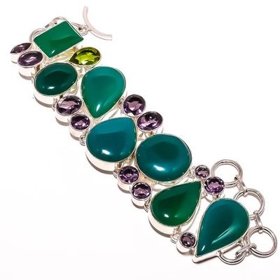 Pulsera étnica de plata de ley 925 de ónix verde, amatista 7-7,99" B510-586 Foto 1 de 4