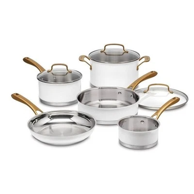 Cuisinart 8 Piece Classic Matte White Stainless Steel Cookware Set Brushed Gold