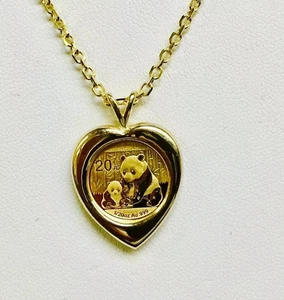 CHINESE PANDA BEAR COIN Heart Shape Pendant 14k Yellow Gold Plated Free Chain - Picture 1 of 3