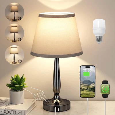 Touch Table Lamp for Bedroom, Small Bedside Lamp with USB C Charging Port, 3 Way - Image 1 of 4