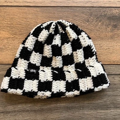 Stussy Crochet Beanie Black / White Knit Hat Checkered Wool - Image 1 of 4