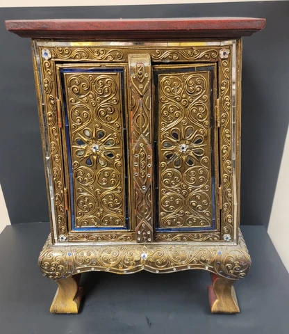 Thai Vintage Wooden Cabinet Flower Handmade Make Gold,  Blue, and Red. So unique Cover