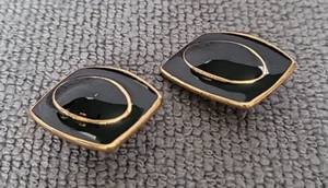 Vintage Rectangular & Oval Black Enamel and Gold Tone Pierced Earrings - Picture 1 of 12