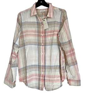 Lucky Brand Beige Pink Gray Plaid Gauze Button Long sleeve Shirt Womens sz L NWT - Picture 1 of 11