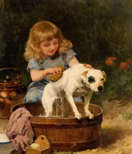 Oil painting Louis Marie de Schryver - bath day young girl with pet dog canvas