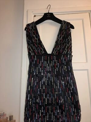 BLACK Jewelled SATIN PARTY DRESS Diamantés SIZE 8-10 SEQUIN HEAVY BEADED Ladies - Image 1 of 4