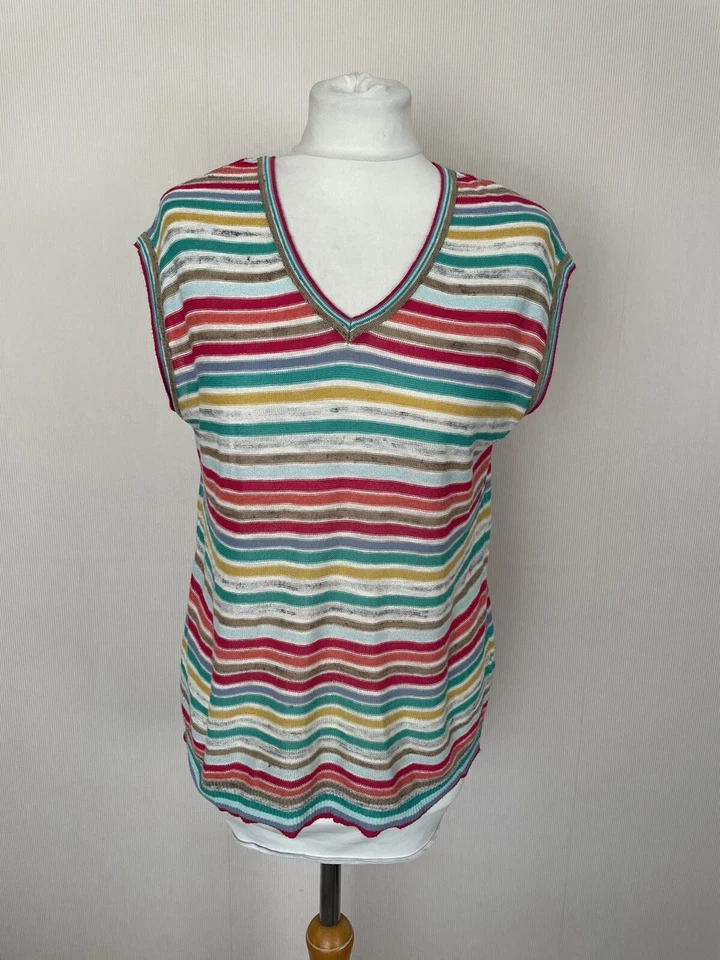 M&S Multicolour Stripe Fine Knit Sleeveless Jumper Top Size 10 VGC Cotton Linen  - Image 1 of 4