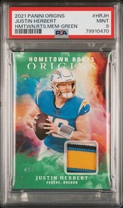 2021 PANINI ORIGINS JUSTIN HERBERT HOMETOWN ROOTS MEMORABILIA GREEN /5 PSA 9