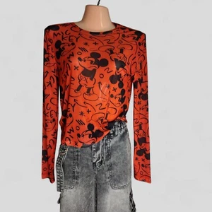 DISNEY MICKEY MOUSE Long Sleeved Sheer Tee Shirt Red Black Size M NWT - Picture 1 of 7