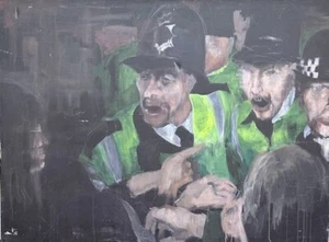 RIESIGER BERGMANNSSTREIK ÖL AUF LEINWAND. 80er/90er Jahre. Original. Polizei Bereitschaftsszene - Bild 1 von 10
