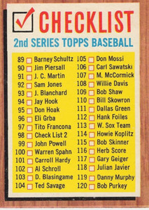 CHECKLIST 2ND SERIES 1962 TOPPS BASEBALL #98