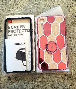 Funda iPhone XR Rosa Patrón Hexagonal con Imitación Diamantes + Protector de Pantalla - Imagen 1 de 2