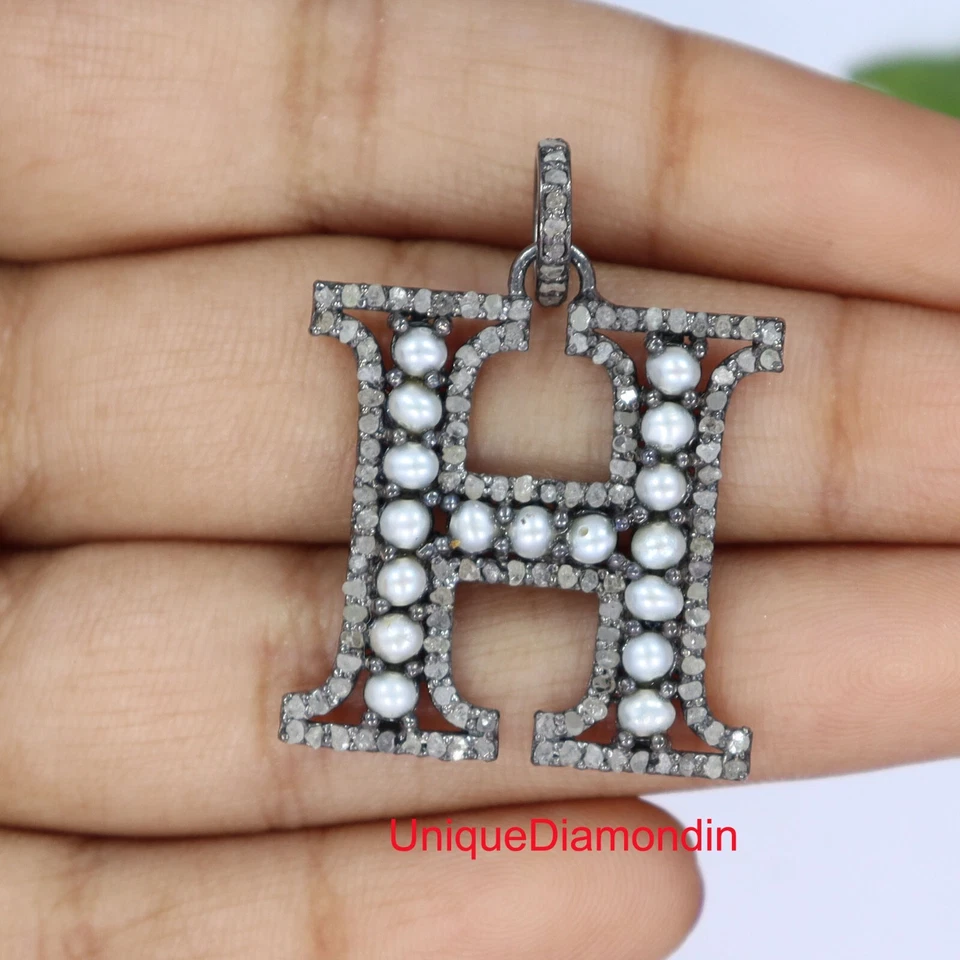 Natural diamond & Natural Pearls 925 sterling silver Handmade H letter pendant - Image 1 of 4