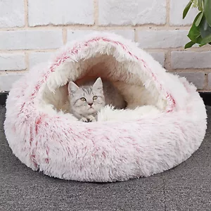 Pet Dog Cat Bed Round Plush Cave House Winter Warm Calming Sleeping Ultra Soft - Picture 1 of 19