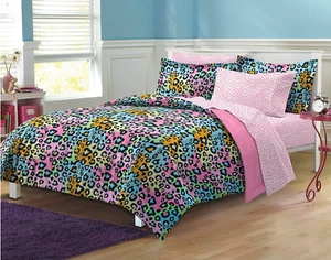Rainbow Pink Blue Leopard 7 pc Comforter Sheet Set Full Queen Bed in a Bag Girls - Picture 1 of 3