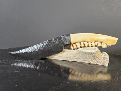 AUTÉNTICO CUCHILLO DE OBSIDIANA VERDE EN ESCAMAS DE PERFECCIÓN KENNY HULL ~ Mandíbula de ciervo ~ EXCELENTE Foto 1 de 4