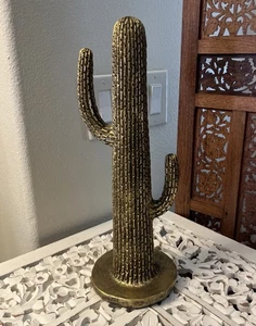 Cactus Sculpture Gold Tone Metal 16 inch Tall Figure Textured Burnished Figurine - Afbeelding 1 van 6
