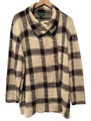 Suéter Lauren Ralph Lauren Mujer 3X Marrón Cuadros Chal Cuello Envoltura Algodón Preppy Foto 1 de 4