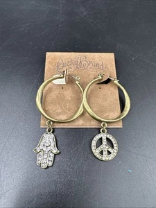 Lucky Brand! Vintage Distressed Gold Look Fatima  Peace Hamsa Earrings Stones - Picture 1 of 3