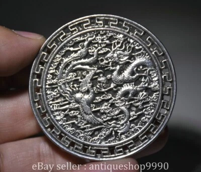 Escultura Bi Placa Redonda Fengshui Dragón Fénix Plata China Marcada 2.4" Foto 1 de 4
