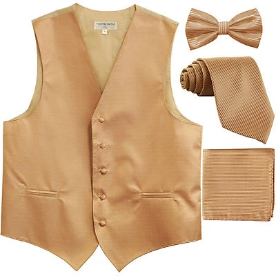 New Men's stripes Tuxedo Vest Waistcoat & necktie & Bow tie & Hankie Beige party - Image 1 of 4