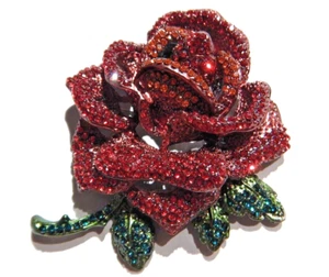 LARGE RED ROSE CRYSTAL BROOCH or PENDANT rhinestone flower & thorns pin O3 - Picture 1 of 8