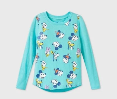 Disney~ NEW♈Girl's Printed LS Tee size XS~Aqua Mickey Mouse & Friends - Image 1 of 4