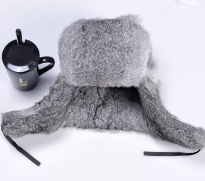 Real Rabbit Fur Hat Ushanka Hats Aviator Trapper Russian Hunter Ski Cap Earflap - Image 1 of 4