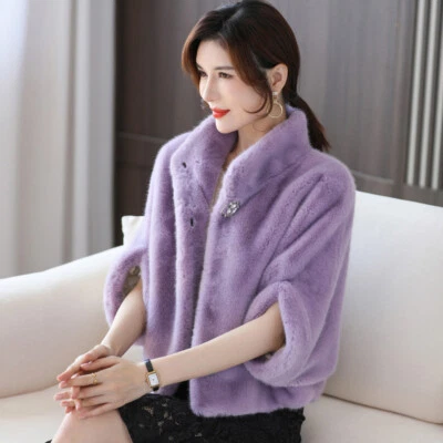 Abrigo corto recortado de piel de visón real manga 3/4 con cuello alto para mujer capa fiesta Foto 1 de 4