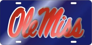 OLE MISS REBELS MIRROR ACRYLIC CAR TAG BLUE W/ RED SCRIPT SILVER LASER CUT  - Picture 1 of 5