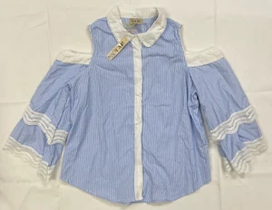Iky & Me ~ Camicia da donna blu gessata fuori dalle spalle ~ Taglia M ~ Nuova con etichette - Foto 1 di 8