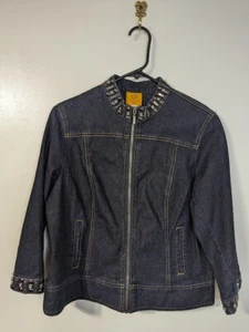 Ruby Rd Size 10P Petite Blue Denim Jean Jacket Metal Embellished Pockets Stretch - Picture 1 of 10