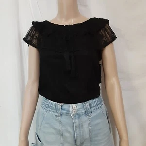 No Boundaries Juniors Off Shoulder Crochet Lace Black Top Size XS(1) - Picture 1 of 6