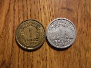 FRANCE 1 FRANCS 1932 & 1942 TWO COINS (725)
