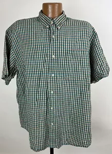 Vintage 90s Trader Bay Linen Blend Shirt XL Short Sleeve Button Down Teal Check - Picture 1 of 14