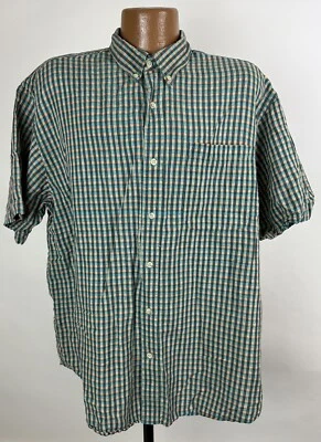Vintage 90s Trader Bay Linen Blend Shirt XL Short Sleeve Button Down Teal Check - Image 1 of 4