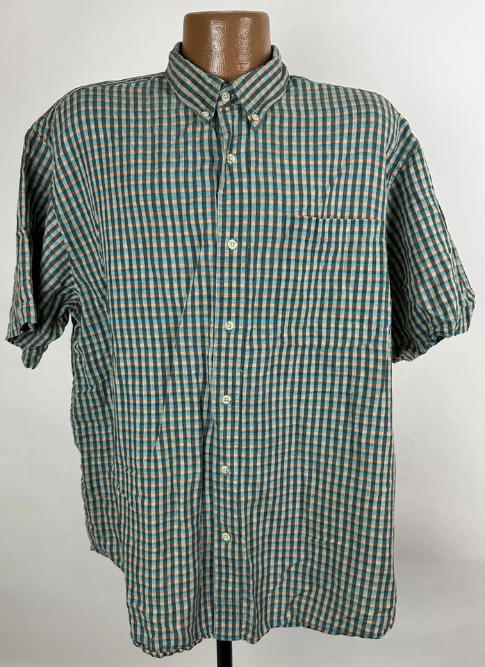 Vintage 90s Trader Bay Linen Blend Shirt XL Short Sleeve Button Down Teal Check - Image 1 of 4