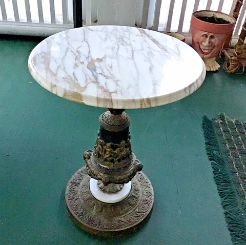 Art Deco Round Marble Table- Plant Stand - Ornate Pedestal Cherubs Horses Heavy Cover