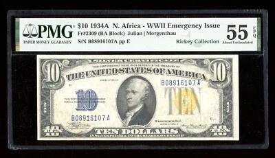 DBR 1934-A $10 North Africa Silver Fr. 2309 PMG 55 EPQ Serial B08916107A - Image 1 of 2