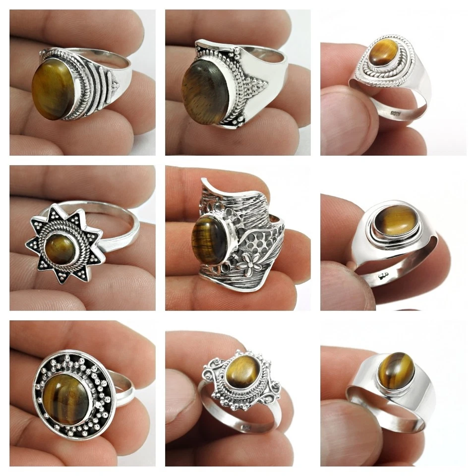 Anillos de piedras preciosas ojo de tigre de plata de ley 925 talla 8 regalo de Navidad joyería para mujer Foto 1 de 4
