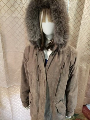 St Johns Bay Womens Green  Faux Suede Winter Coat Faux Fur Hood Size Large  - Image 1 of 4