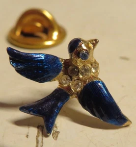 Vintage Small Blue Gold Toned Bird Tack Pin Rhinestones 3/4" Dainty Hat Lapel - Picture 1 of 9