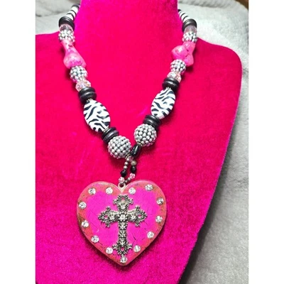 Collar Cruz Corazón Rosa Negro Cebra Cuentas Grueso Distintivo Joyería Mujer Foto 1 de 4