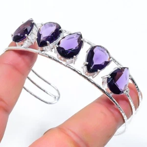 Purple Amethyst Gemstone 925 Sterling Silver Jewelry Adjustable Cuff Bracelet - Picture 1 of 1