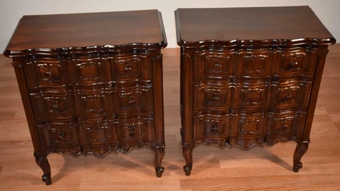 1930s Pair of Country French Solid dark Mahogany nightstands / bedside tables Cover
