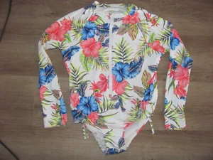 Traje de baño tropical floral para niñas 1 pieza protector contra erupciones cremallera frontal talla L 10-12 PLUS USADO EN EXCELENTE ESTADO - Imagen 1 de 2