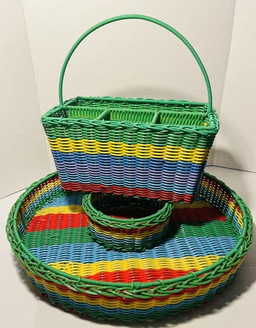 Vintage Wicker Metal Wire Caddy Basket & Chip n Dip Sombrero Basket Lot Of 2 Cover
