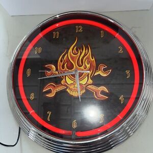 Mechanic Fire Skull Cross Wrenches Red Neon Hanging Wall Clock 15" Wide neonetic