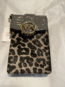 MICHAEL KORS CARMEN SMALL NS PHONE CHAIN CROSSBODY BAG SHOULDER MK GREY LEOPARD - Picture 1 of 5
