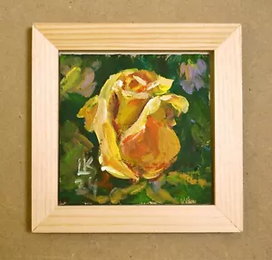 Original Yellow Rose Painting 5x5 – Framed Mini Acrylic Floral Art on Cardboard - Picture 1 of 8